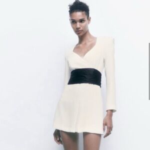 Zara White Long-Sleeve Romper with Black Waist Sash